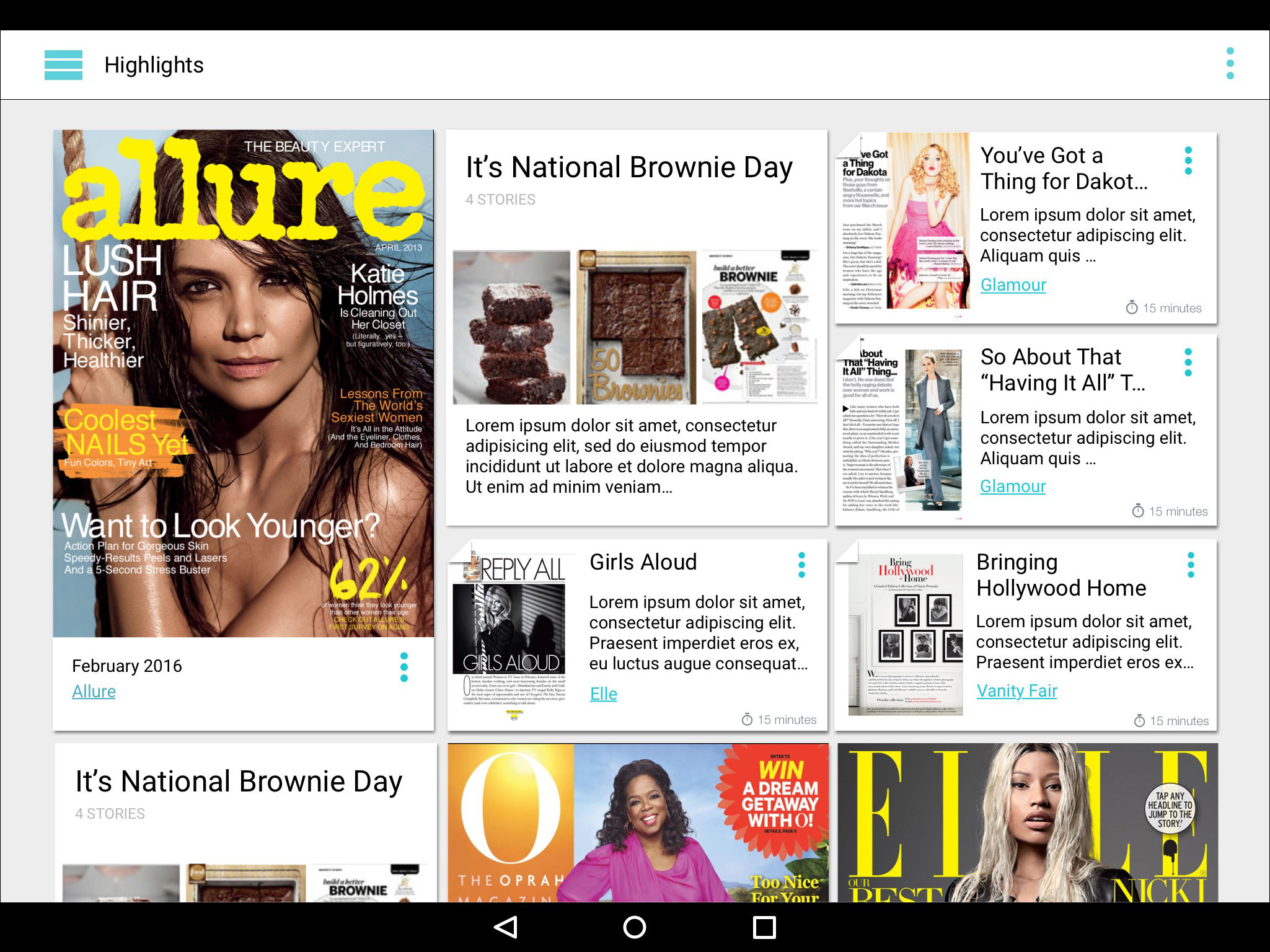 stories, magazines, and collections laid out in a continuous 3-column grid on tablet