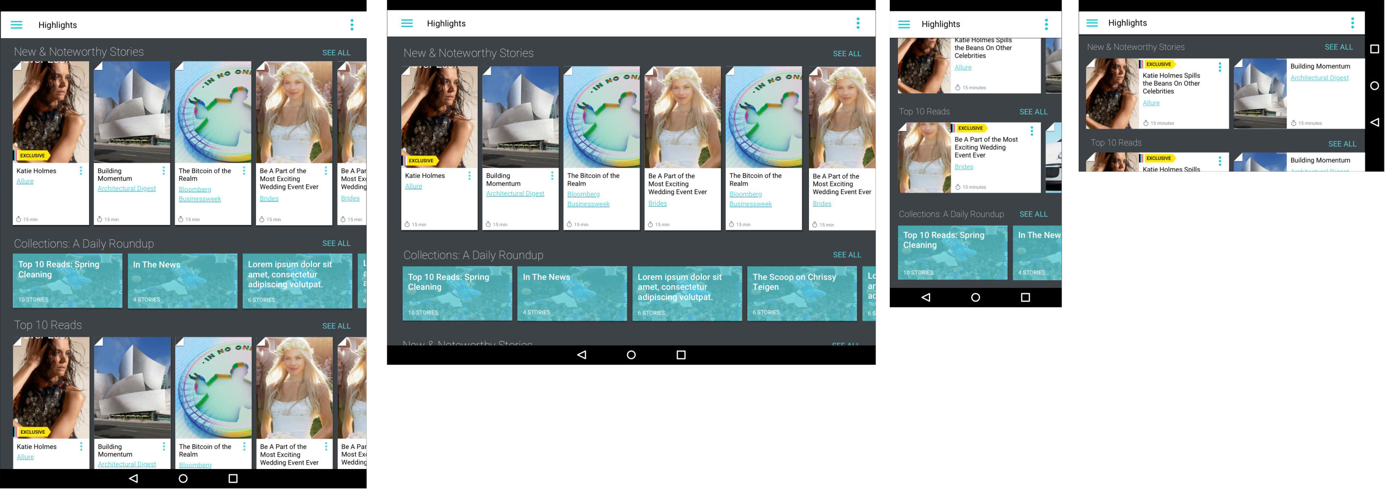 mocks of Highlights with rows of scrollable carousels of news stories in 4 device layouts