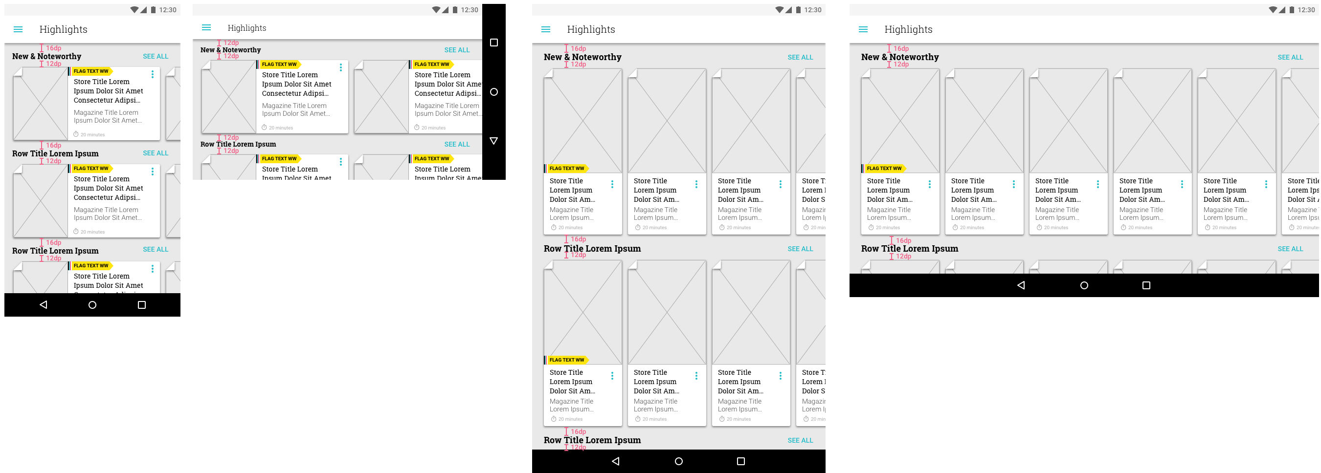wireframes of Highlights with rows of scrollable carousels of news stories in 4 device layouts