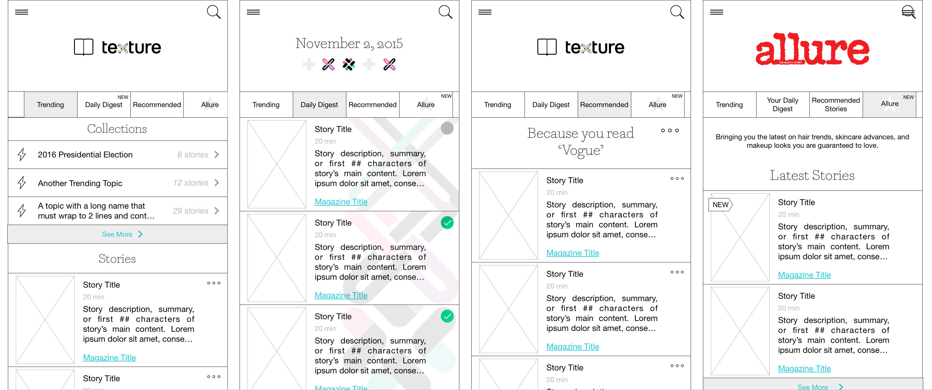 wireframes of a magazine brand hub with no issues and only stories